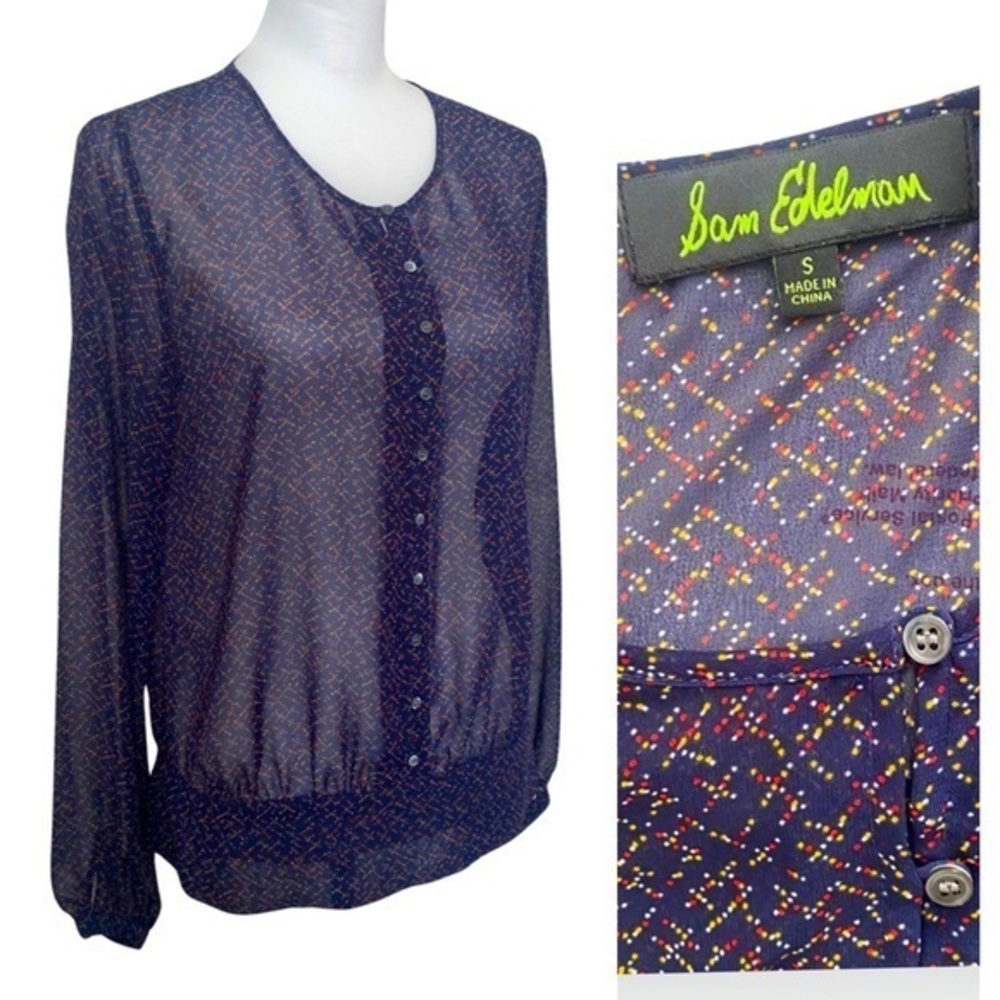 SAM EDELMAN Navy Abstract Long Sleeve Blouse Small
